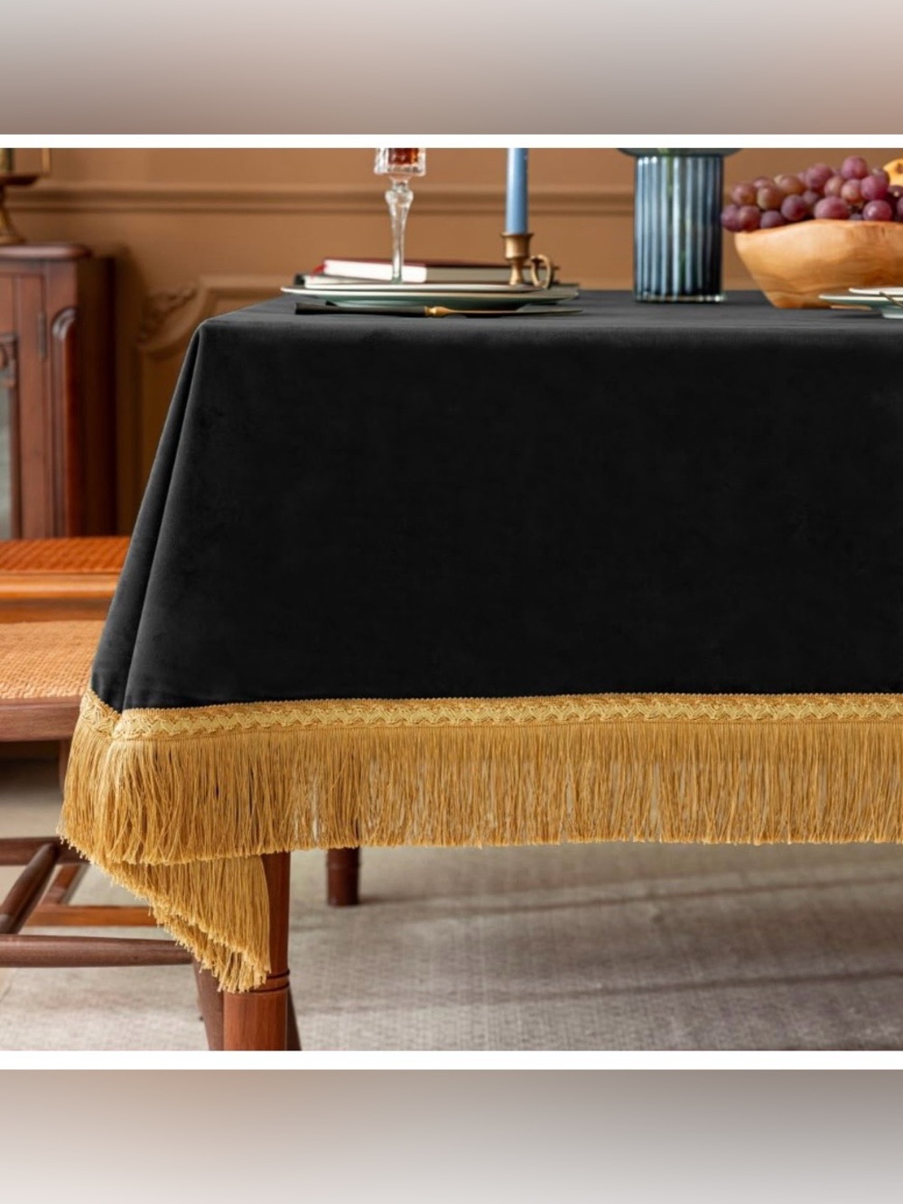 Holiday LUXURY Black Velvet Tablecloth Gold Fringe Trim Rectangular 60x84”